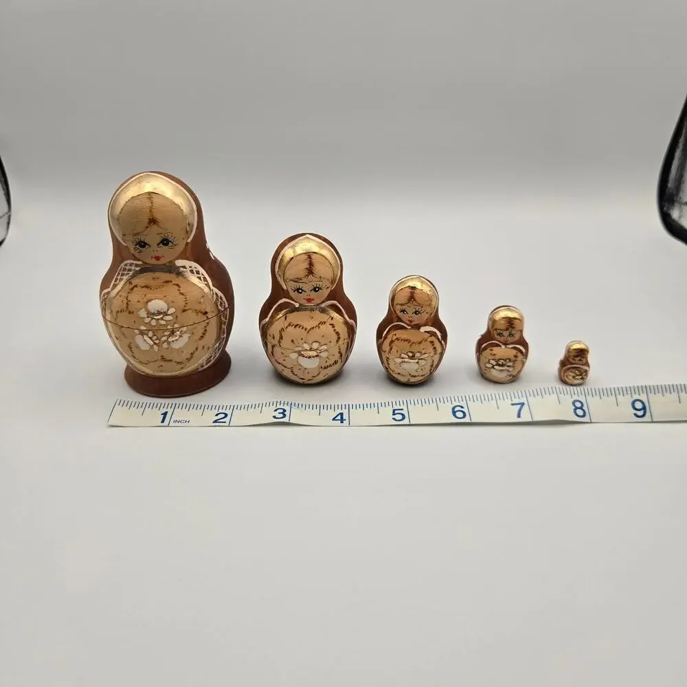 5 Piece Russian Nesting Doll Set w/Gold Accents Hand Painted hand carved wood